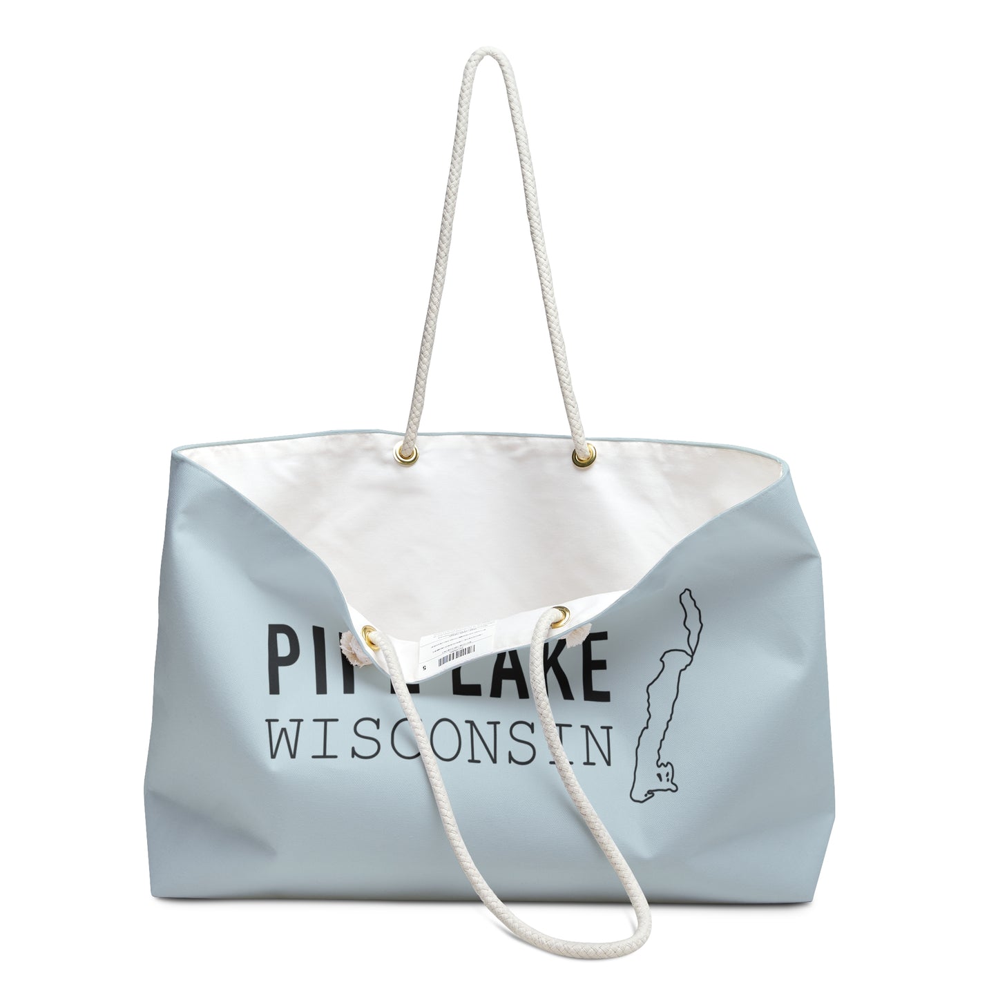 Pipe Lake Wisconsin map Weekender Bag | Lake silhouette travel tote - PALE BLUE