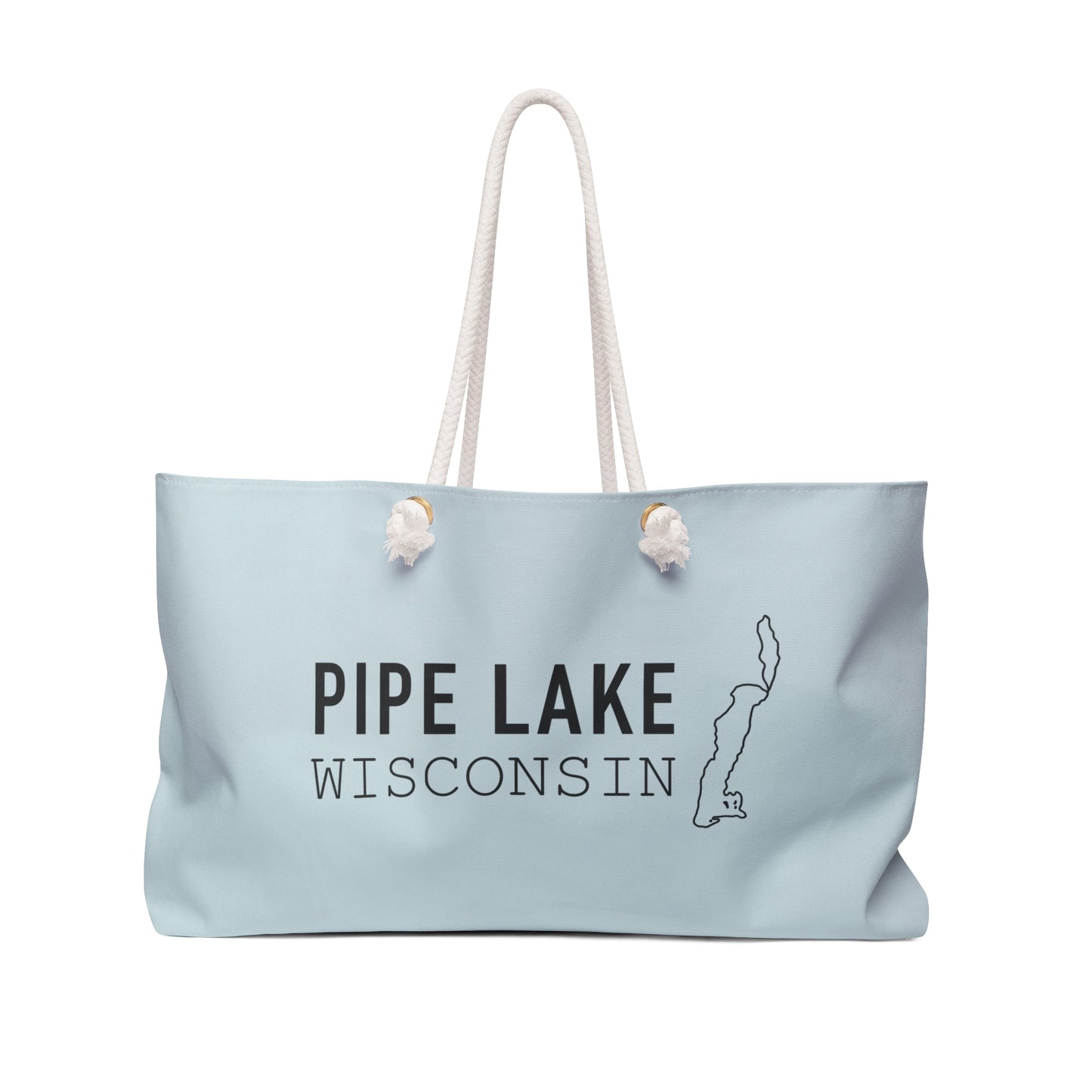 Pipe Lake Wisconsin map Weekender Bag | Lake silhouette travel tote - PALE BLUE