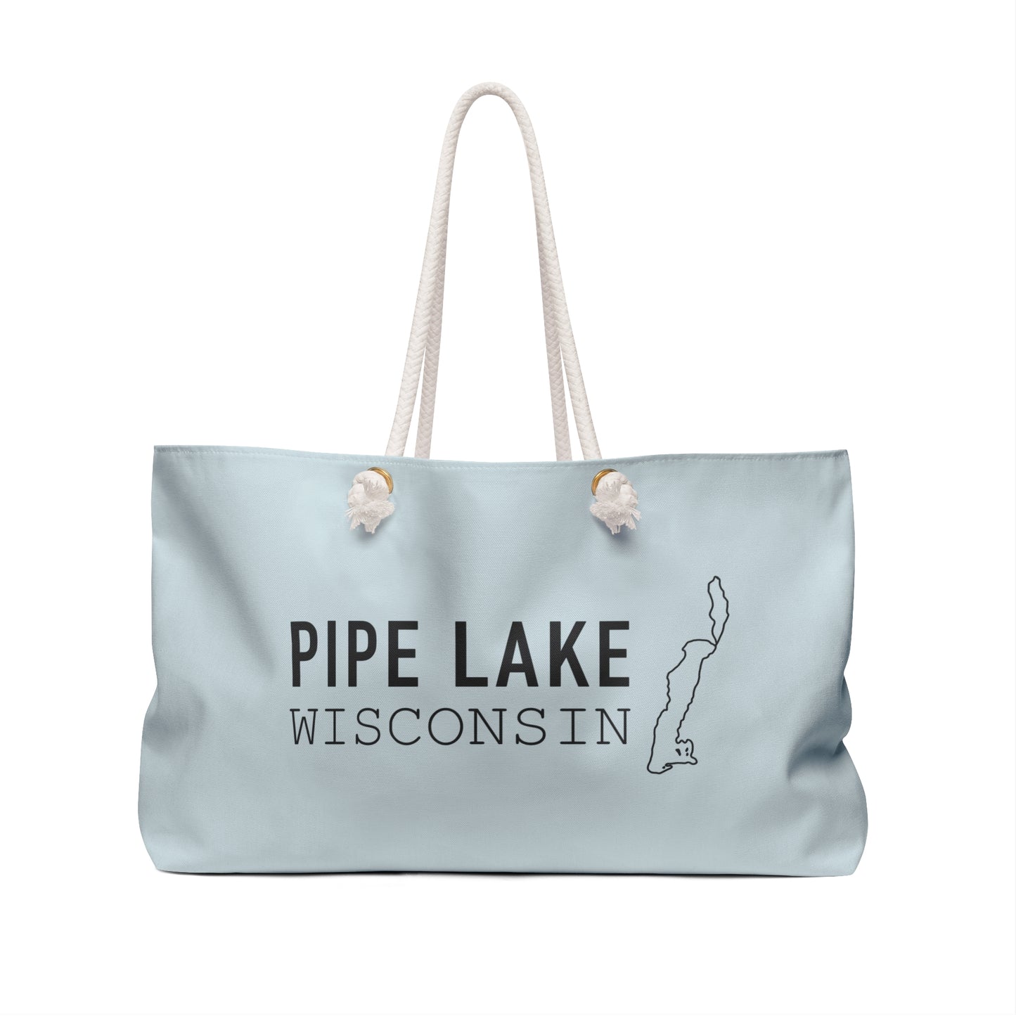 Pipe Lake Wisconsin map Weekender Bag | Lake silhouette travel tote - PALE BLUE