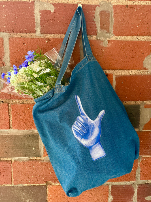 L for Loser Hand Organic denim tote bag